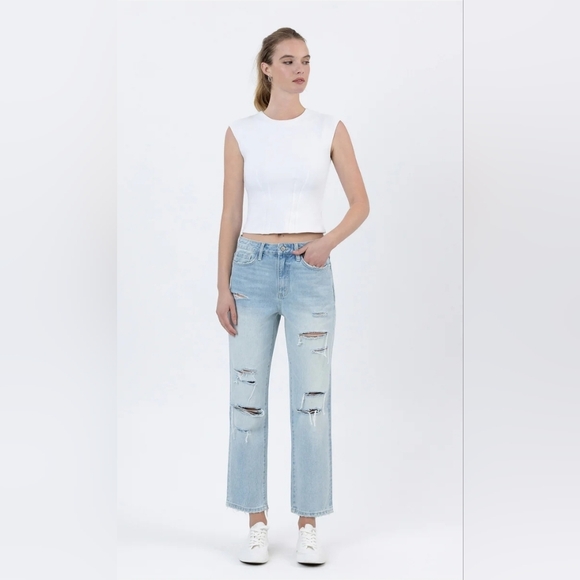 Vervet Light Wash High Rise Distressed Straight Leg Cropped Length Denim Jeans - Picture 1 of 10